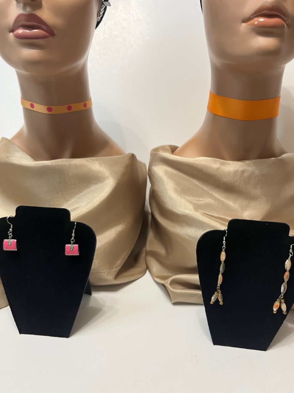 4 pc Gift Set Chokers & Pink Dot and Orange Ribbon Choker Earrings Set